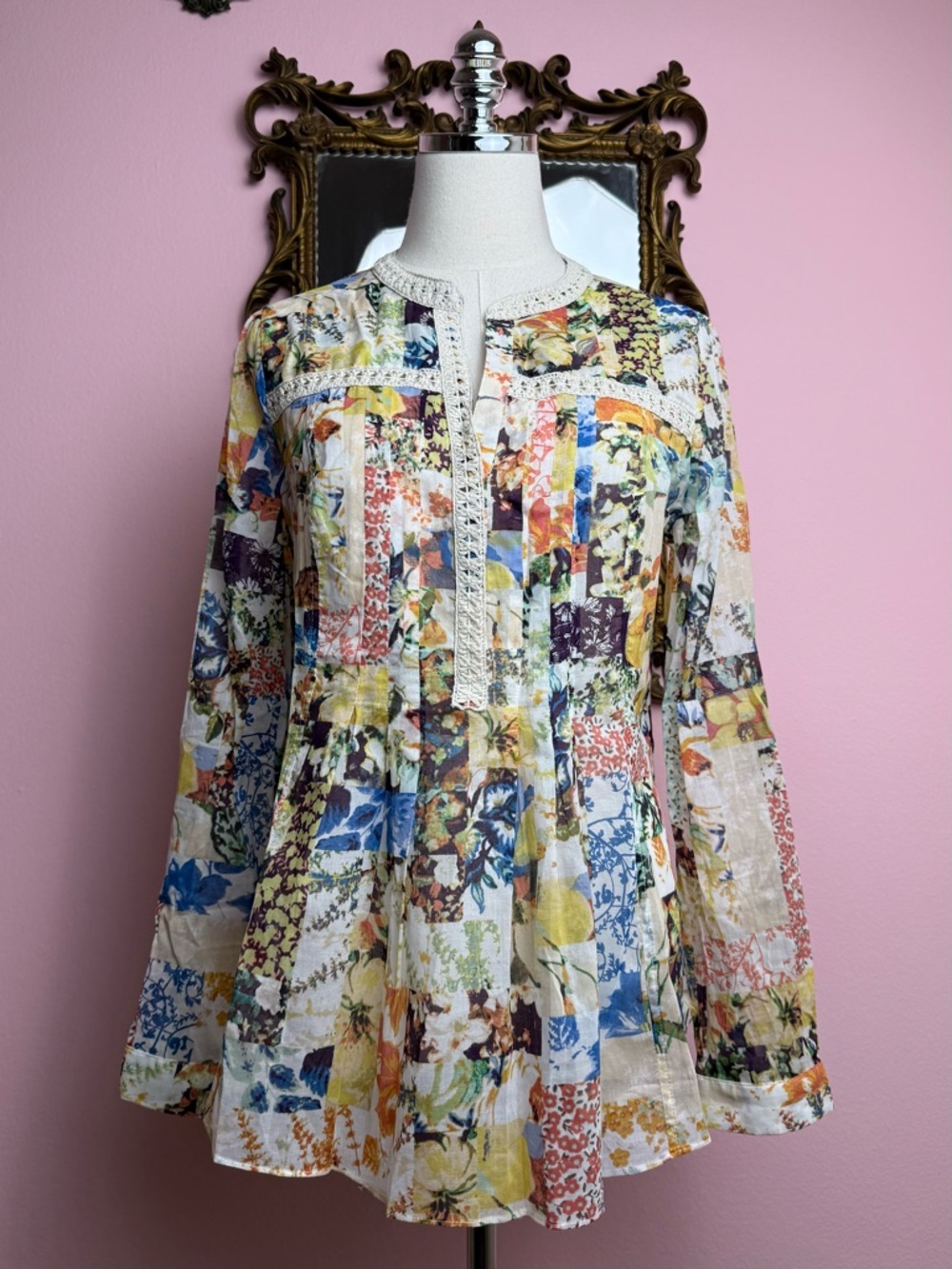 Maeve Anthropologie Tunic Abella Pintuck Floral Crochet Blouse 4